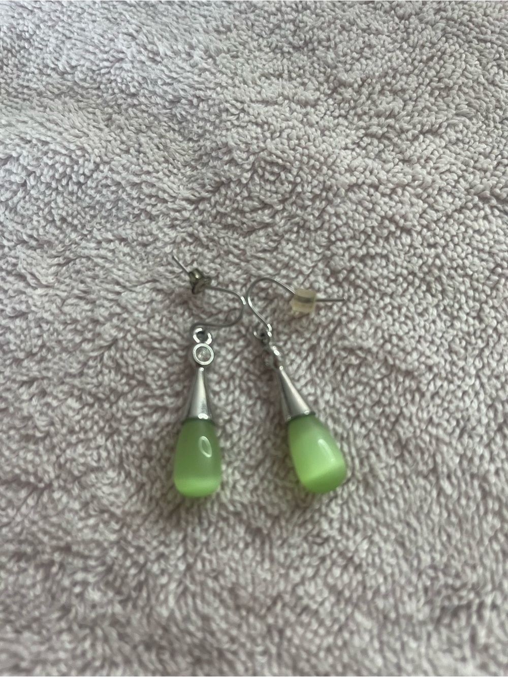 Green Teardrop Dangle Earrings - Silver Tone